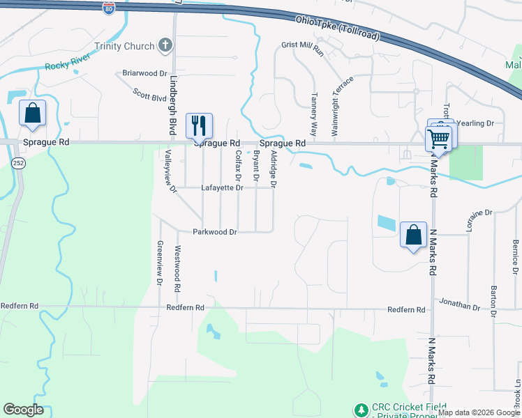 map of restaurants, bars, coffee shops, grocery stores, and more near 10115 Bryant Drive in Columbia Station