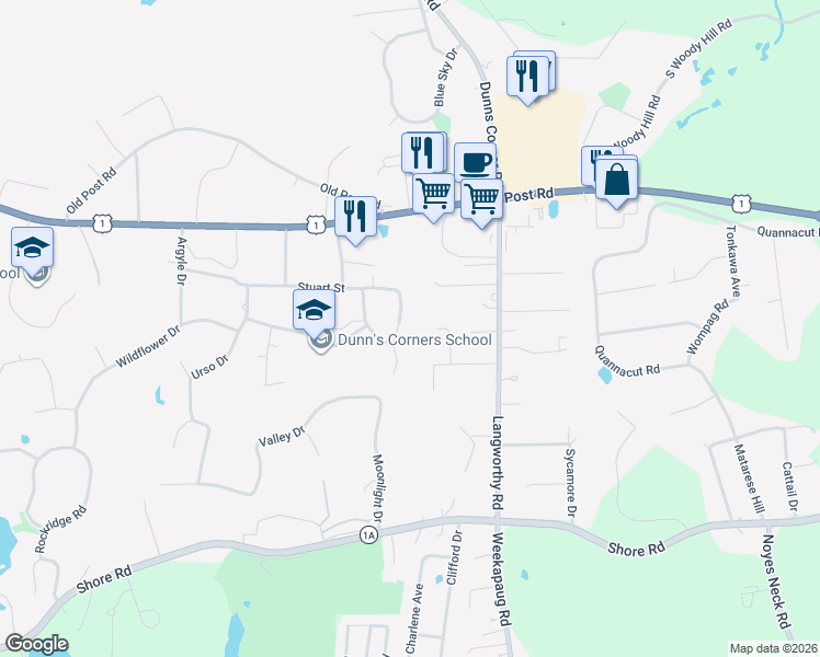 map of restaurants, bars, coffee shops, grocery stores, and more near 16 Stuart Street in Westerly