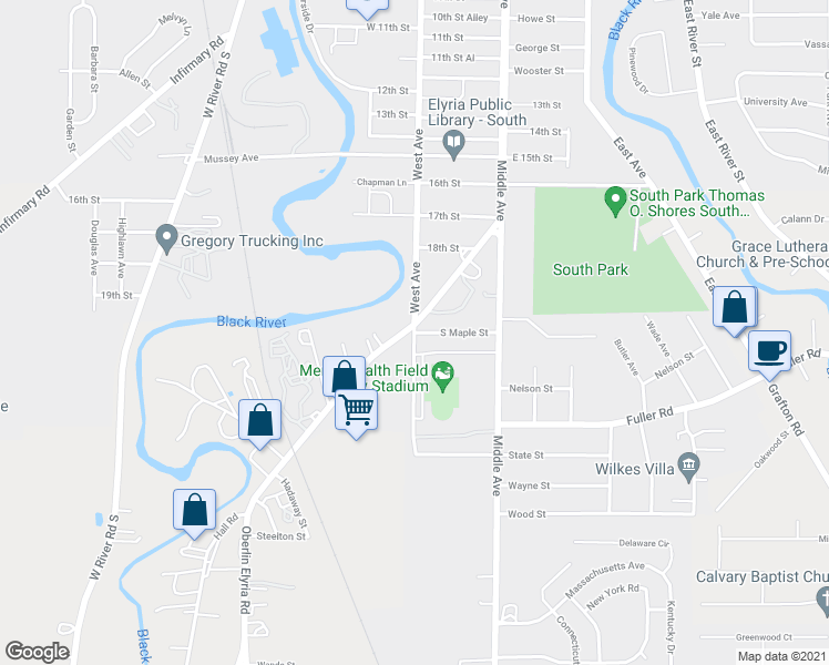 map of restaurants, bars, coffee shops, grocery stores, and more near 1906 Elyria Avenue in Lorain