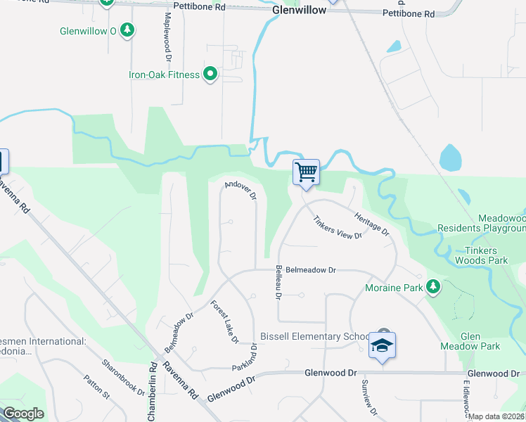 map of restaurants, bars, coffee shops, grocery stores, and more near 10344 Andover Drive in Twinsburg