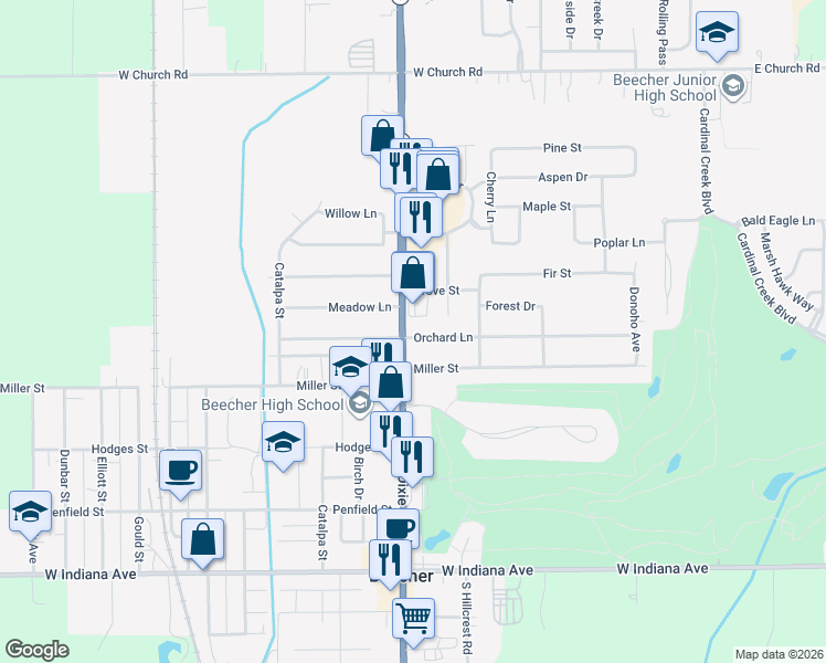 map of restaurants, bars, coffee shops, grocery stores, and more near 470 Orchard Lane in Beecher