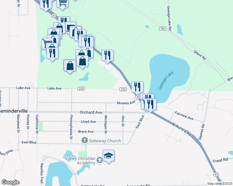 map of restaurants, bars, coffee shops, grocery stores, and more near 965 Lake Avenue in Aurora