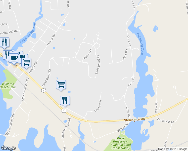 map of restaurants, bars, coffee shops, grocery stores, and more near 175 Long Wharf Drive in Stonington