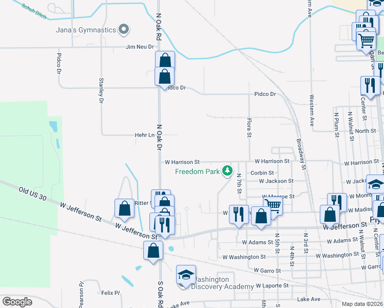 map of restaurants, bars, coffee shops, grocery stores, and more near 1512 West Harrison Street in Plymouth