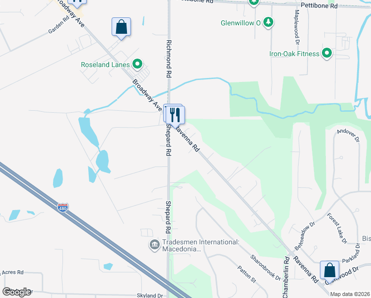 map of restaurants, bars, coffee shops, grocery stores, and more near 11606 Ravenna Road in Twinsburg