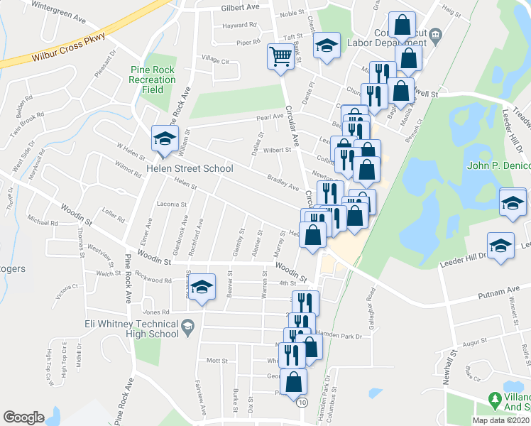 map of restaurants, bars, coffee shops, grocery stores, and more near 101 Helen St in Hamden
