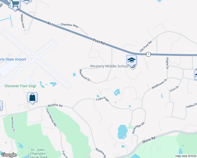 map of restaurants, bars, coffee shops, grocery stores, and more near 56 Sherwood Drive in Westerly