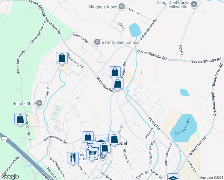 map of restaurants, bars, coffee shops, grocery stores, and more near 1 Karlin Boulevard in Kiryas Joel