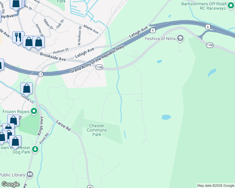 map of restaurants, bars, coffee shops, grocery stores, and more near 3 Stacey Lane in Chester