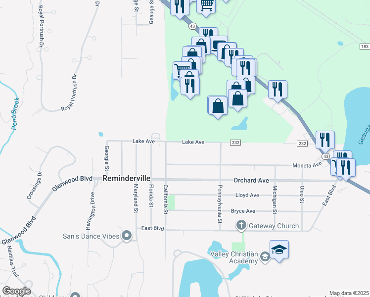 map of restaurants, bars, coffee shops, grocery stores, and more near 1225 Lake Ave in Aurora