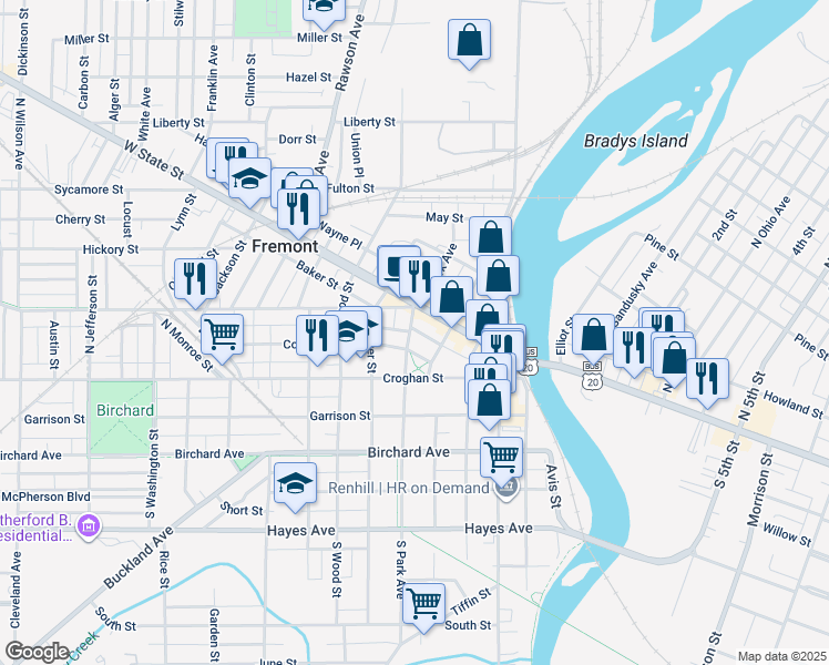map of restaurants, bars, coffee shops, grocery stores, and more near 213 Park Place in Fremont