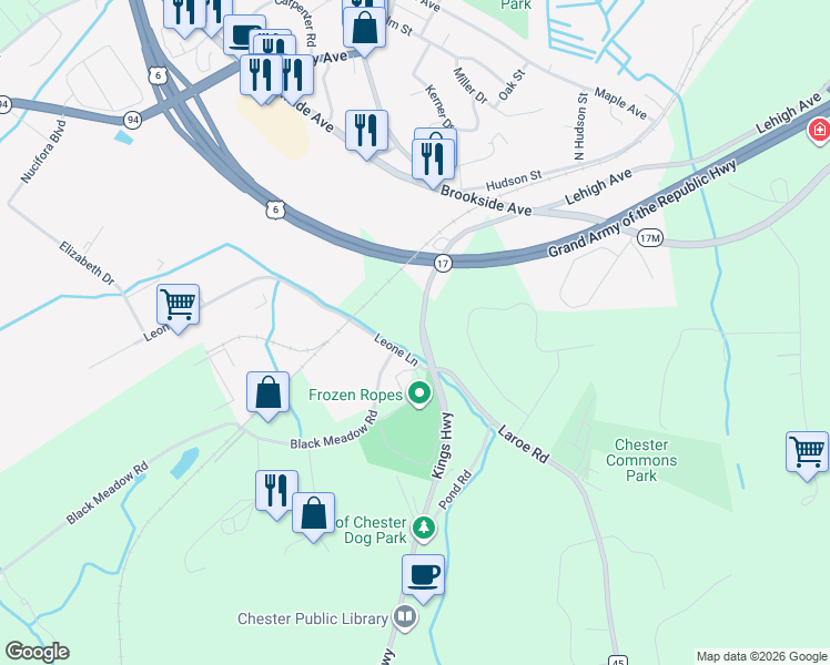 map of restaurants, bars, coffee shops, grocery stores, and more near 1915 Kings Highway in Chester
