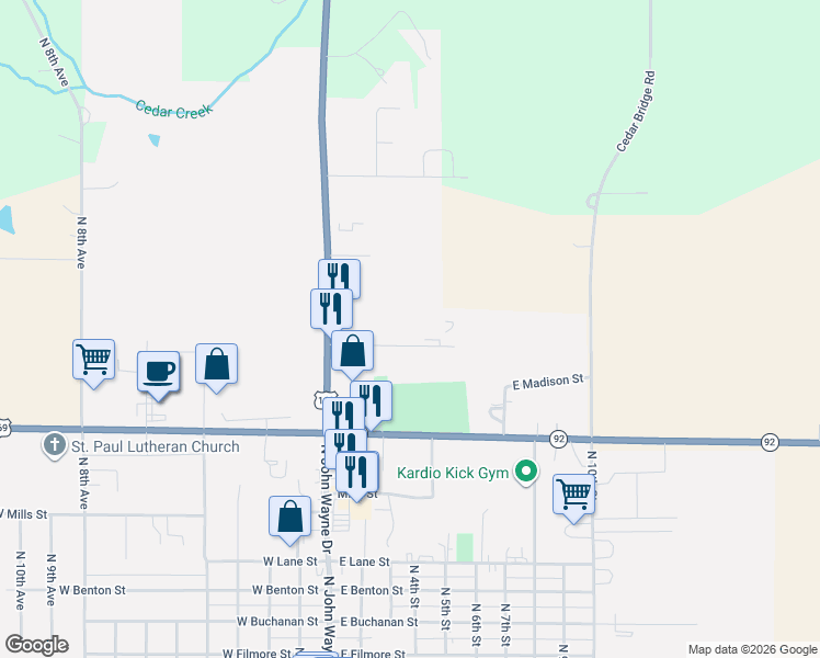 map of restaurants, bars, coffee shops, grocery stores, and more near 403-549 E Madison St in Winterset
