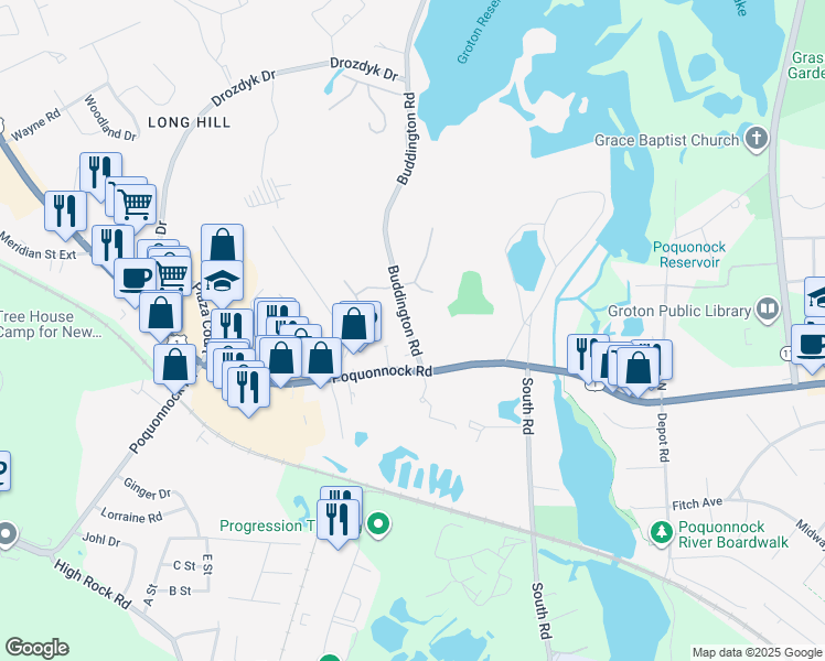 map of restaurants, bars, coffee shops, grocery stores, and more near 70 Buddington Road in Groton