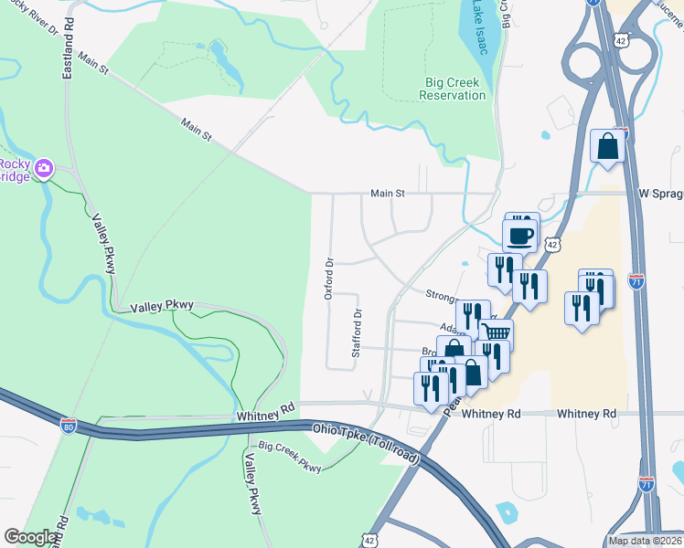 map of restaurants, bars, coffee shops, grocery stores, and more near 18622 Stafford Drive in Strongsville