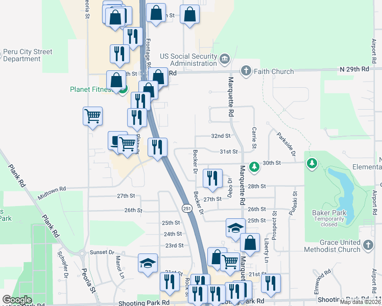 map of restaurants, bars, coffee shops, grocery stores, and more near 3022 Becker Drive in Peru