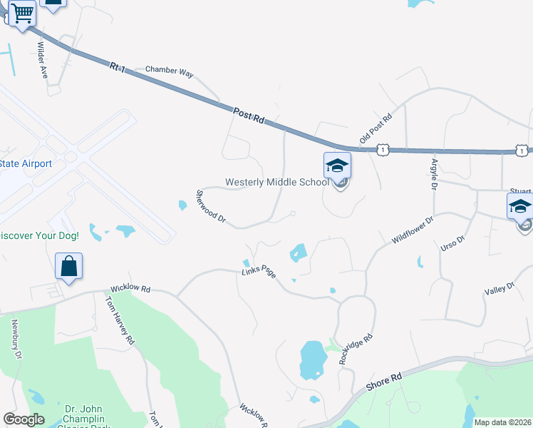 map of restaurants, bars, coffee shops, grocery stores, and more near 56 Sherwood Drive in Westerly