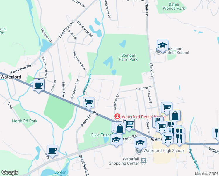 map of restaurants, bars, coffee shops, grocery stores, and more near 17 Savi Avenue in Waterford
