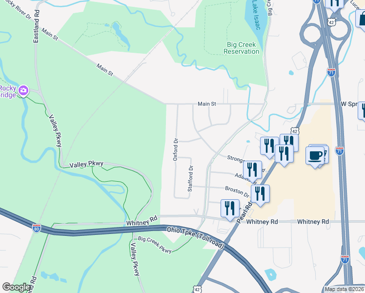 map of restaurants, bars, coffee shops, grocery stores, and more near 18622 Stafford Drive in Strongsville