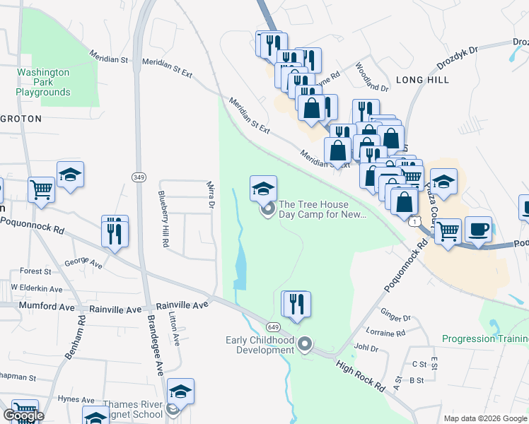 map of restaurants, bars, coffee shops, grocery stores, and more near 500 Poquonnock Road in Groton