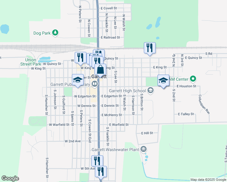 map of restaurants, bars, coffee shops, grocery stores, and more near 308 South Lee Street in Garrett