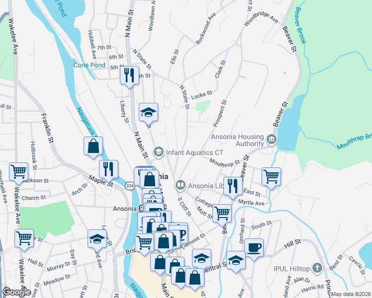 map of restaurants, bars, coffee shops, grocery stores, and more near 54 North State Street in Ansonia