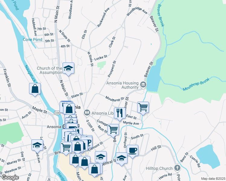 map of restaurants, bars, coffee shops, grocery stores, and more near 55 Moulthrop Street in Ansonia