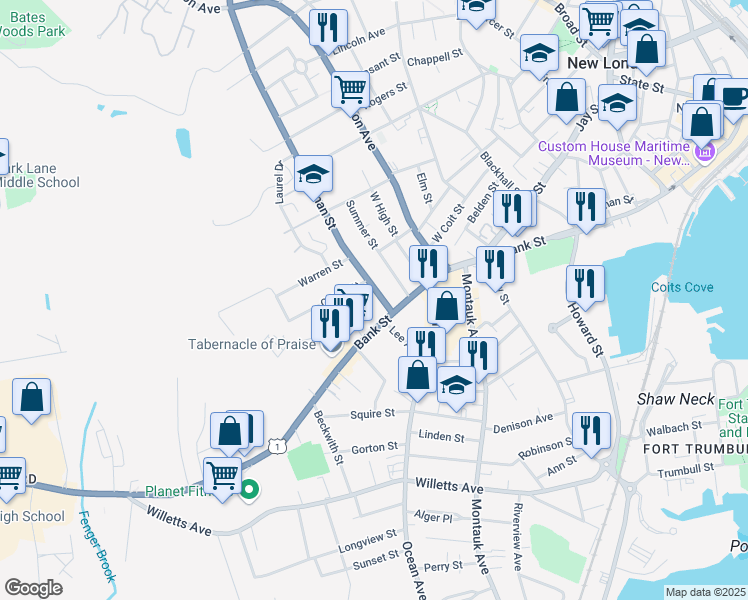 map of restaurants, bars, coffee shops, grocery stores, and more near 883 Bank Street in New London