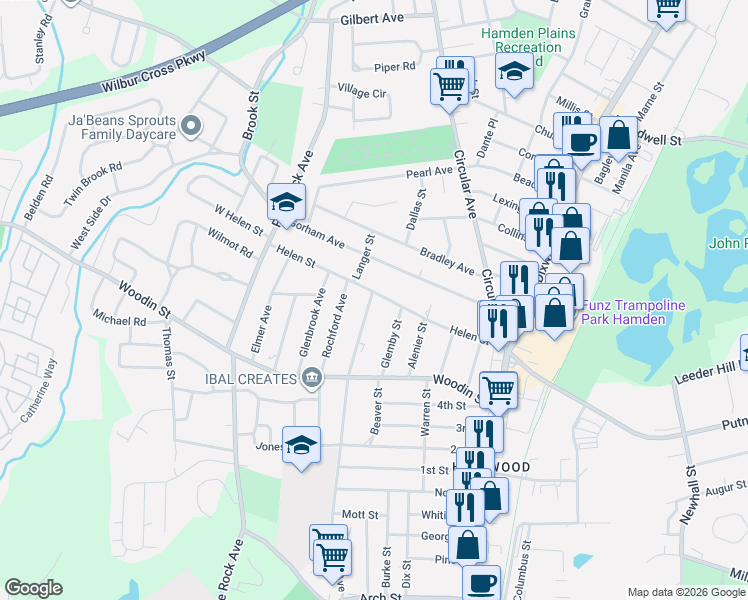 map of restaurants, bars, coffee shops, grocery stores, and more near 70 Glemby Street in Hamden