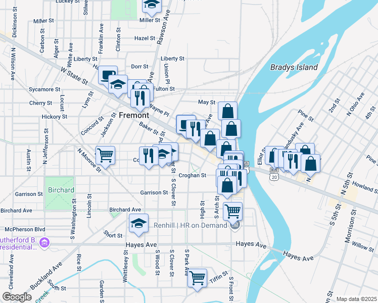 map of restaurants, bars, coffee shops, grocery stores, and more near 213 Park Place in Fremont