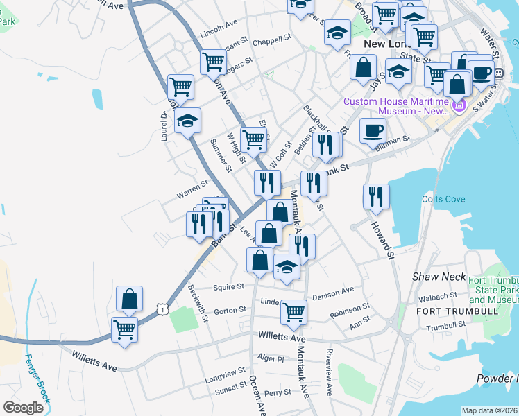 map of restaurants, bars, coffee shops, grocery stores, and more near 856 Bank Street in New London