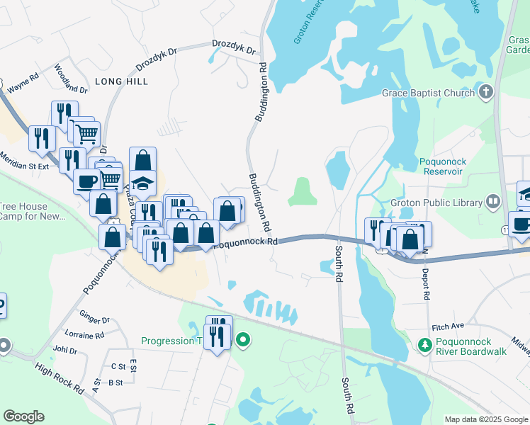 map of restaurants, bars, coffee shops, grocery stores, and more near 80 Buddington Road in Groton