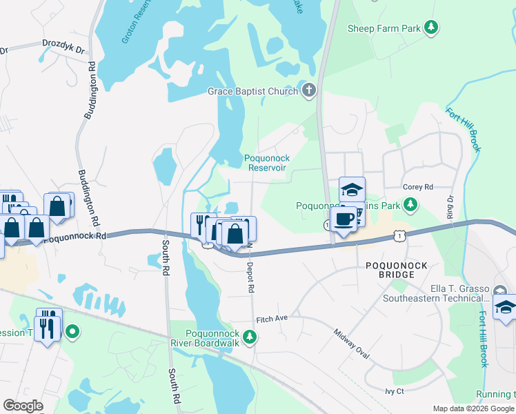 map of restaurants, bars, coffee shops, grocery stores, and more near 51 North Road in Groton