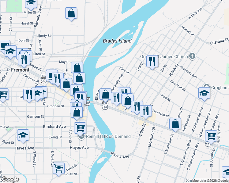 map of restaurants, bars, coffee shops, grocery stores, and more near 211 Howland St in Fremont