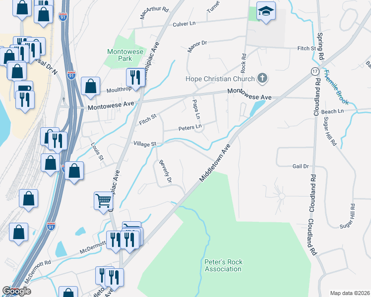 map of restaurants, bars, coffee shops, grocery stores, and more near 23 Curtis Court in North Haven