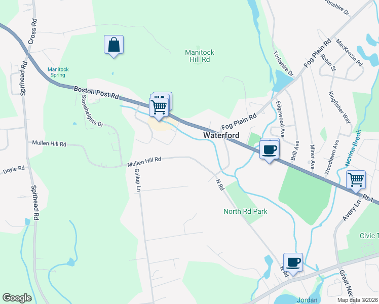 map of restaurants, bars, coffee shops, grocery stores, and more near 17 Mullen Hill Road in Waterford