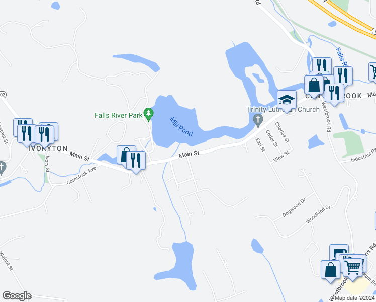 map of restaurants, bars, coffee shops, grocery stores, and more near 15a Main Street in Essex