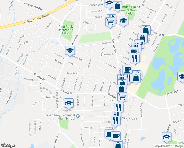 map of restaurants, bars, coffee shops, grocery stores, and more near 164 Helen Street in Hamden