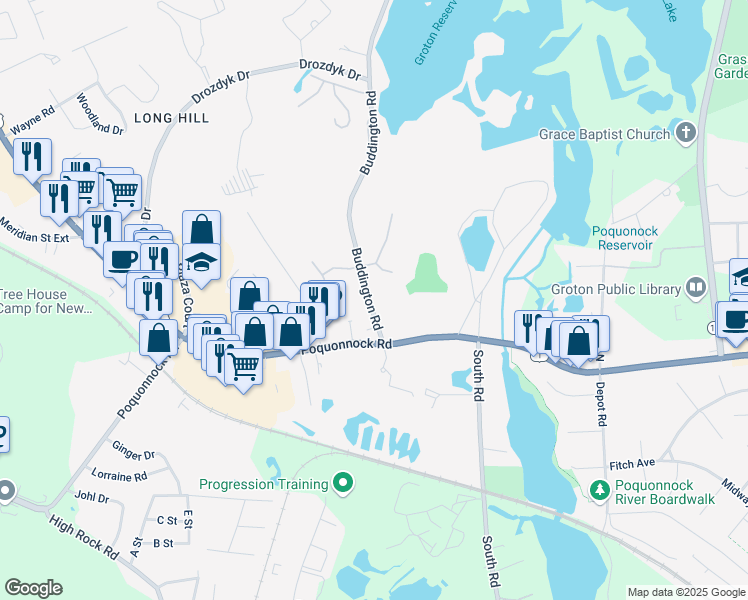 map of restaurants, bars, coffee shops, grocery stores, and more near 70 Buddington Road in Groton