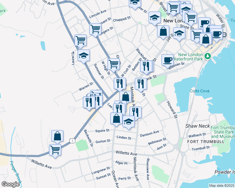 map of restaurants, bars, coffee shops, grocery stores, and more near 856 Bank Street in New London