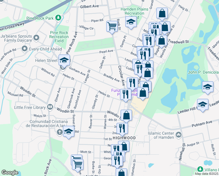 map of restaurants, bars, coffee shops, grocery stores, and more near 101 Helen Street in Hamden