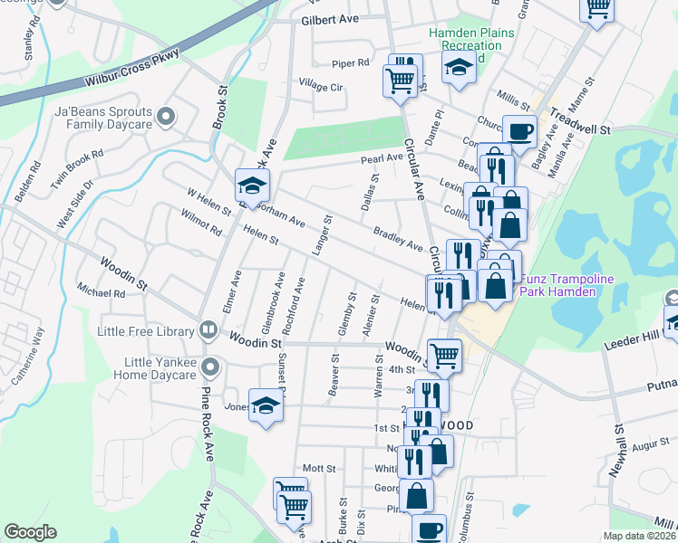 map of restaurants, bars, coffee shops, grocery stores, and more near 151 Helen Street in Hamden
