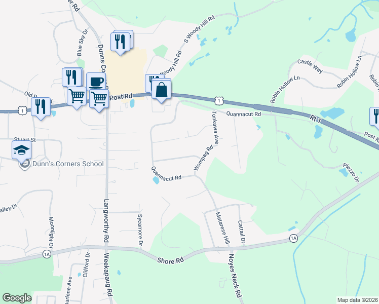 map of restaurants, bars, coffee shops, grocery stores, and more near 4 Wetomachick Avenue in Westerly