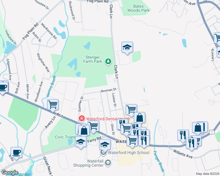 map of restaurants, bars, coffee shops, grocery stores, and more near 76 Olive Street in Waterford