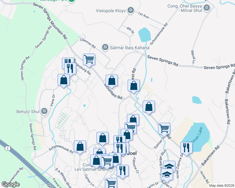 map of restaurants, bars, coffee shops, grocery stores, and more near 1 Karlin Boulevard in Kiryas Joel