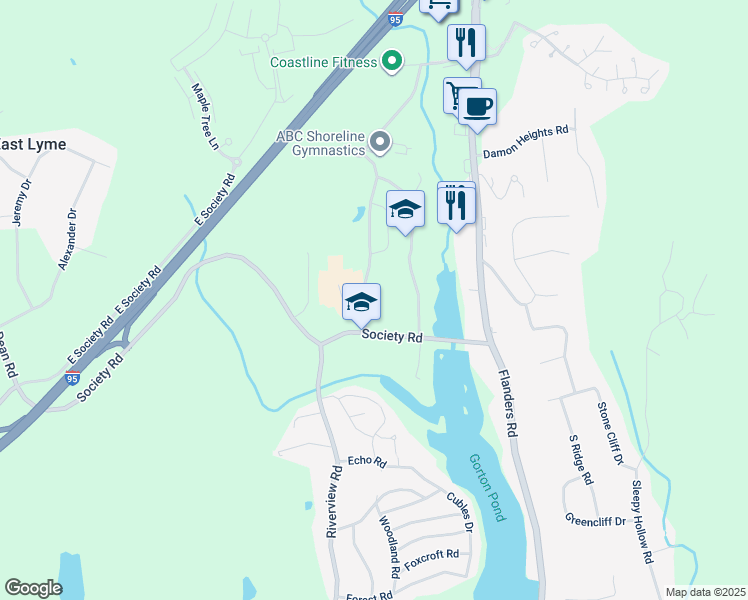 map of restaurants, bars, coffee shops, grocery stores, and more near 29 Society Road in East Lyme