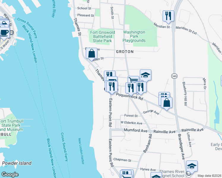 map of restaurants, bars, coffee shops, grocery stores, and more near in Groton