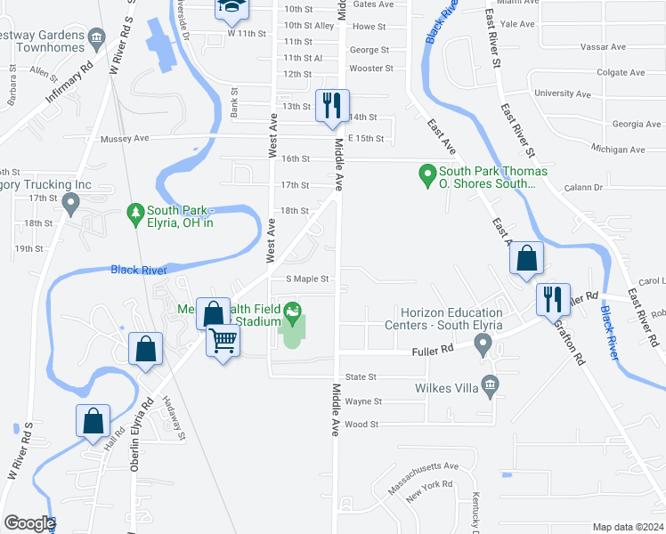 map of restaurants, bars, coffee shops, grocery stores, and more near 1857 Middle Avenue in Elyria