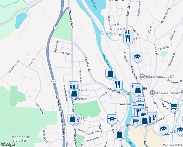 map of restaurants, bars, coffee shops, grocery stores, and more near 51 Franklin Street in Ansonia