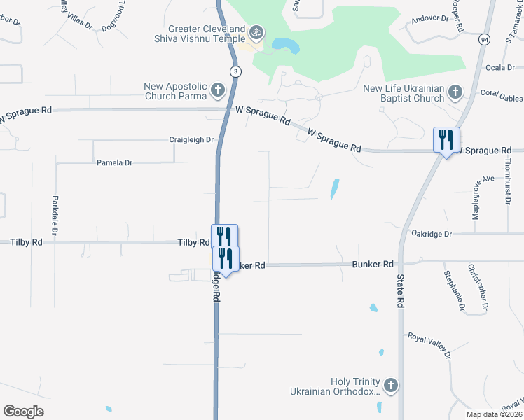map of restaurants, bars, coffee shops, grocery stores, and more near 8442 Ridgedale Drive in North Royalton